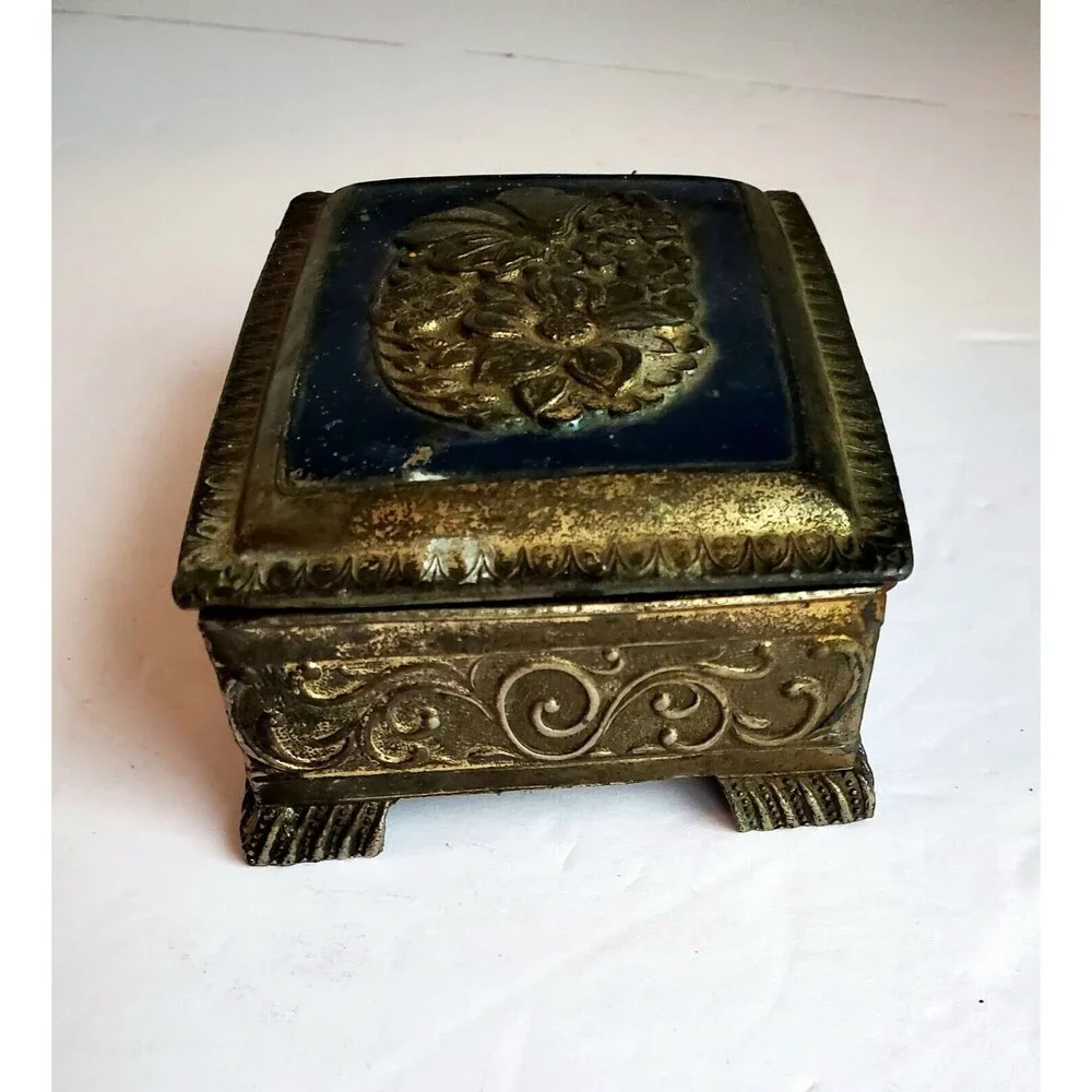 Silver Toned Footed Trinket Box Occupied Japan Blue Top Embossed Rose Vintage